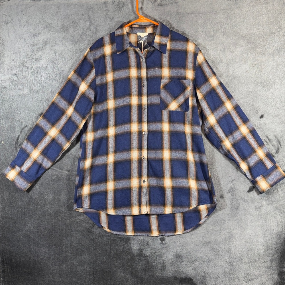 La Miel Womens Blue Orange Plaid Flannel Button Down Shirt SRT1325 Small NWT